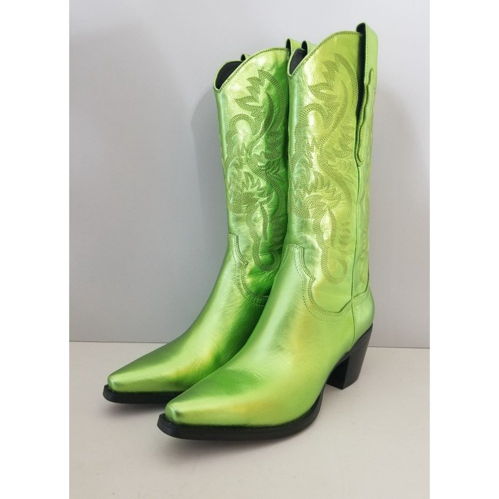 Free People Dagget Western Boots Green Metallic Leather Womens Size 10 - Picture 2 of 6